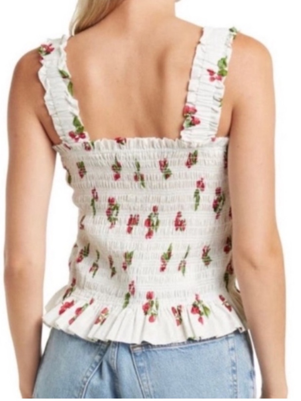 WAYF Raspberry Smocked Ruffle Tank Top Girly 100% Cotton - Picture 2 of 7
